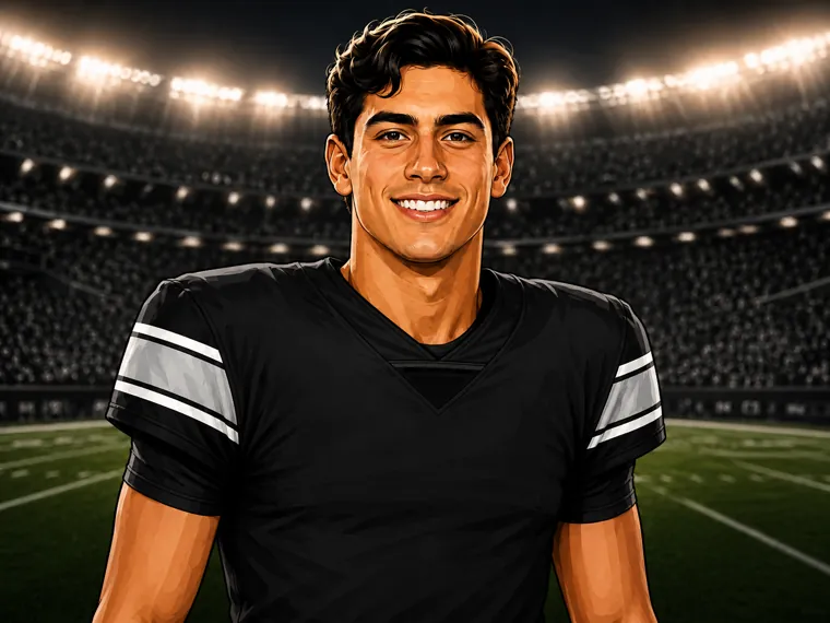 Youth football player portrait under stadium lights in Las Vegas.